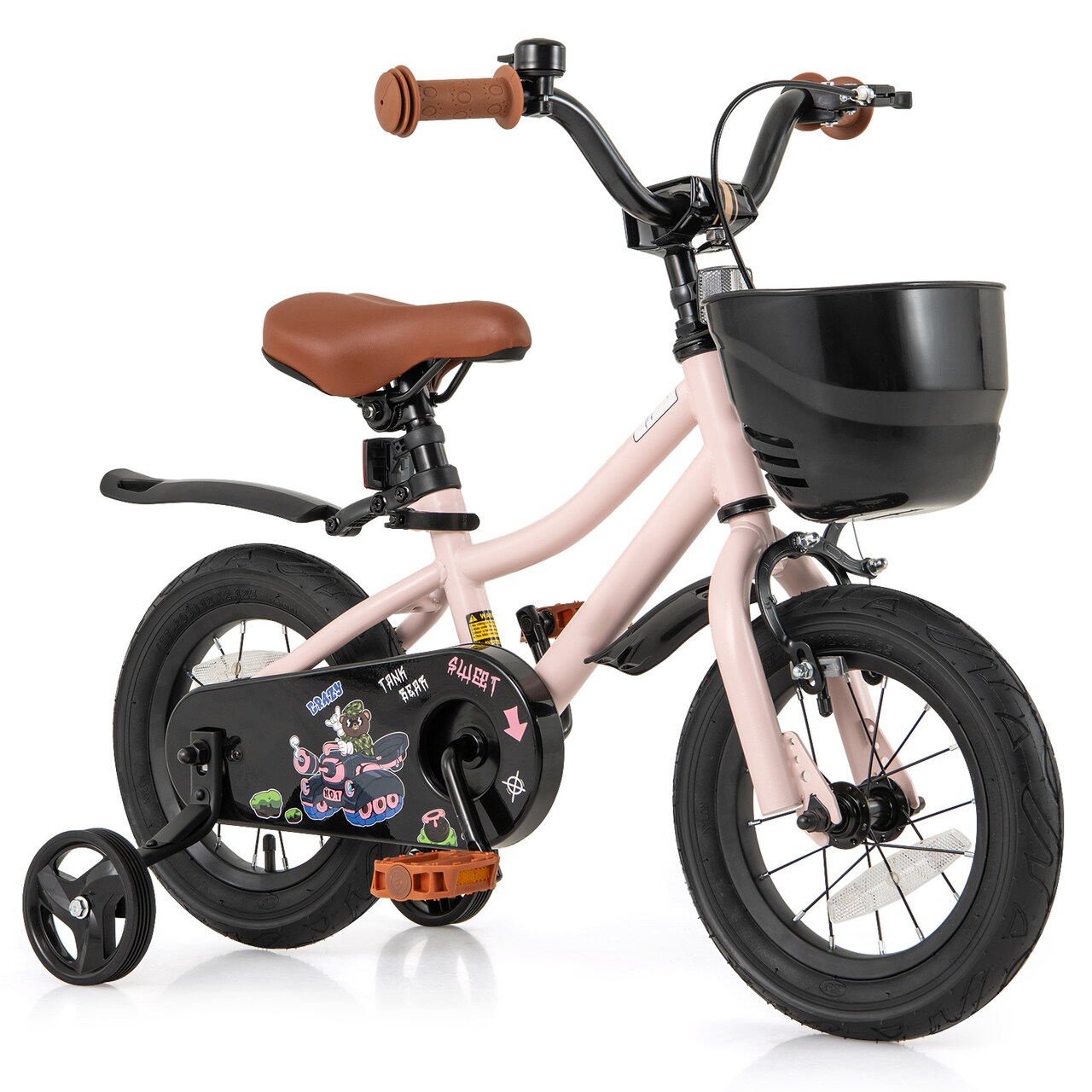 Pink Metal Kids Bike with Dual Brakes and Basket, Adjustable Handlebar